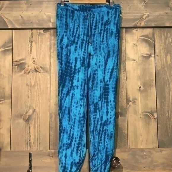 Hawaiian Tropic blue batik dyed Palazzo Beach cover up pants Small - Picture 2 of 10